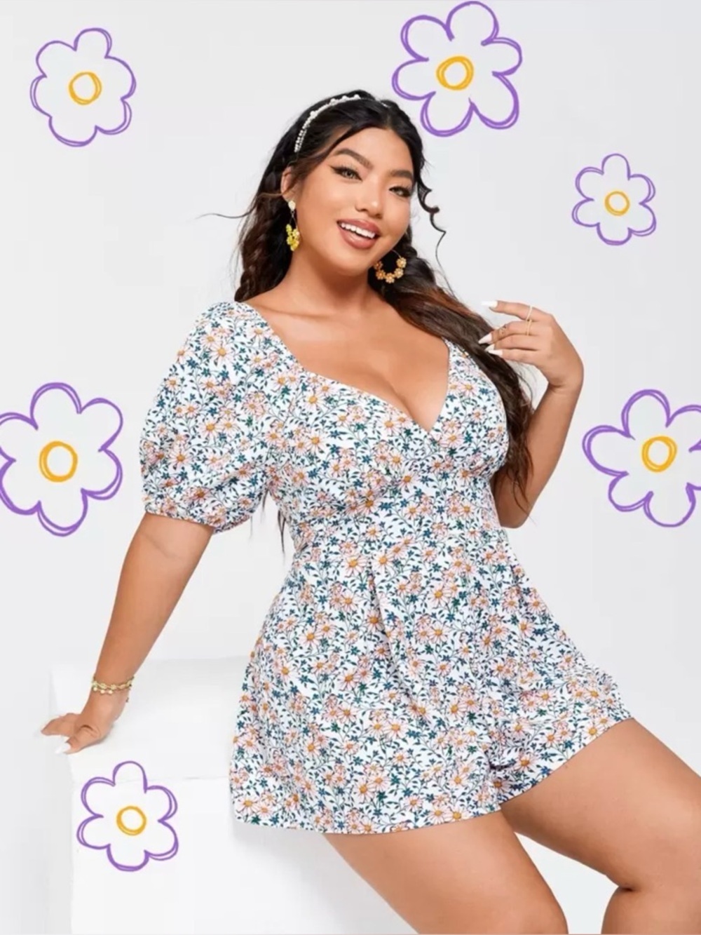 SHEIN White Floral Puff-Sleeve Tunic with Yellow & Blue Flowers